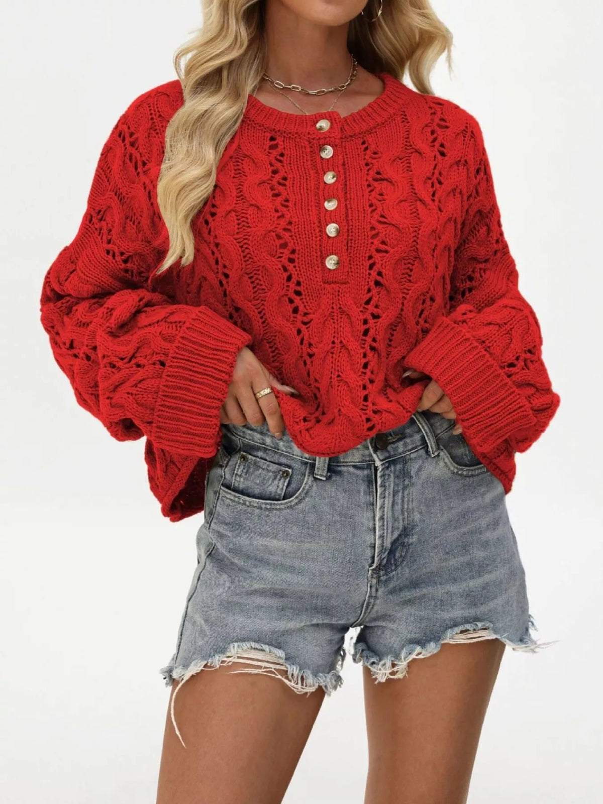 Round Neck Half Button Openwork Cable Knit Oversized Sweater 2