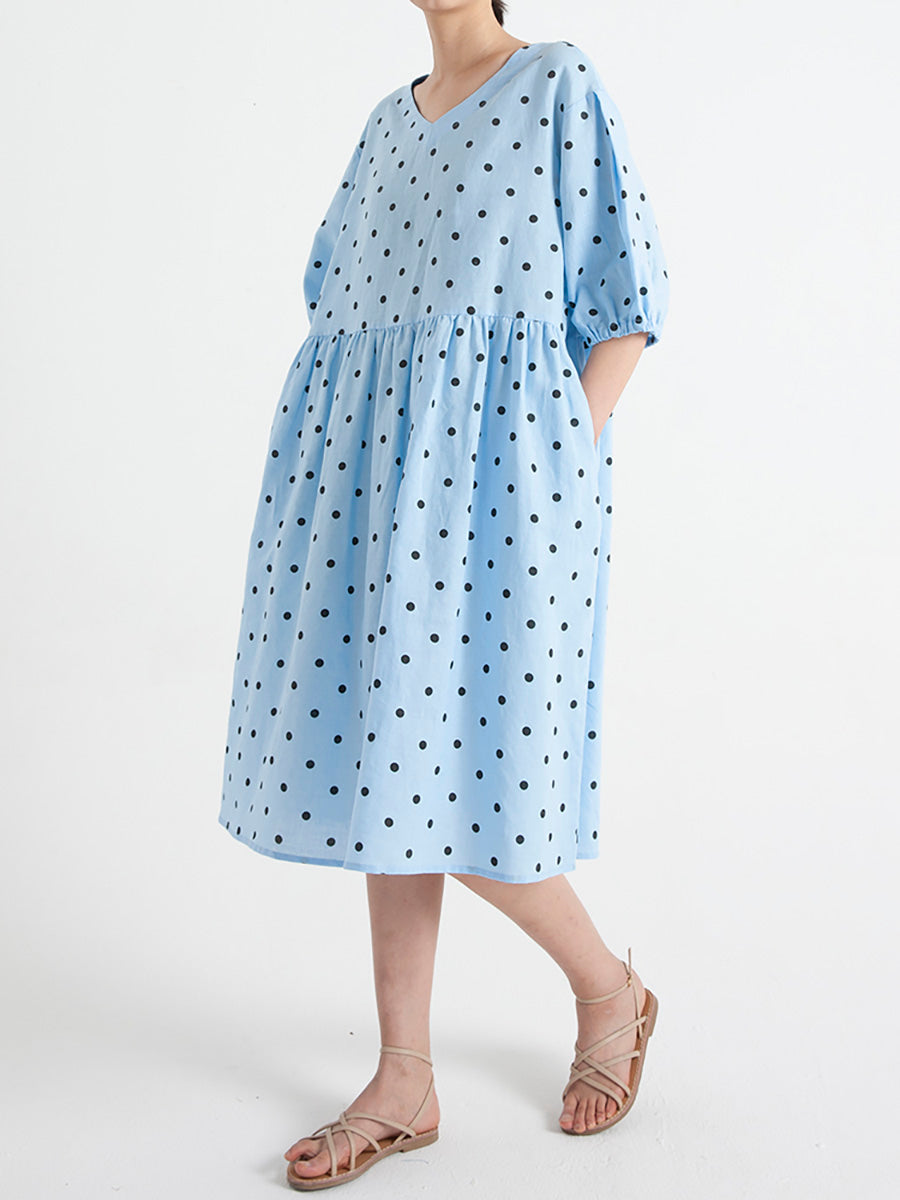 Polka Dot V-Neck Puff Sleeve Empire Waist Midi Dress