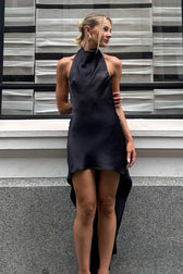 Elegant Satin Halter Sleeveless High Low Backless Cocktail Dress 3