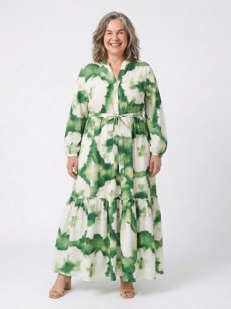 Long Sleeve Tie Waist Tie Dye Tiered Maxi Dress