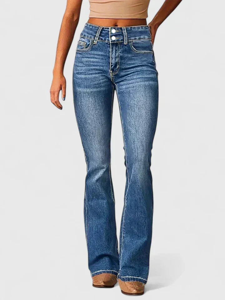 High Waist Double Button Flare Jeans