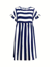 Navy Striped Summer Dress with Short Sleeves - M / Green - navy blue striped dress