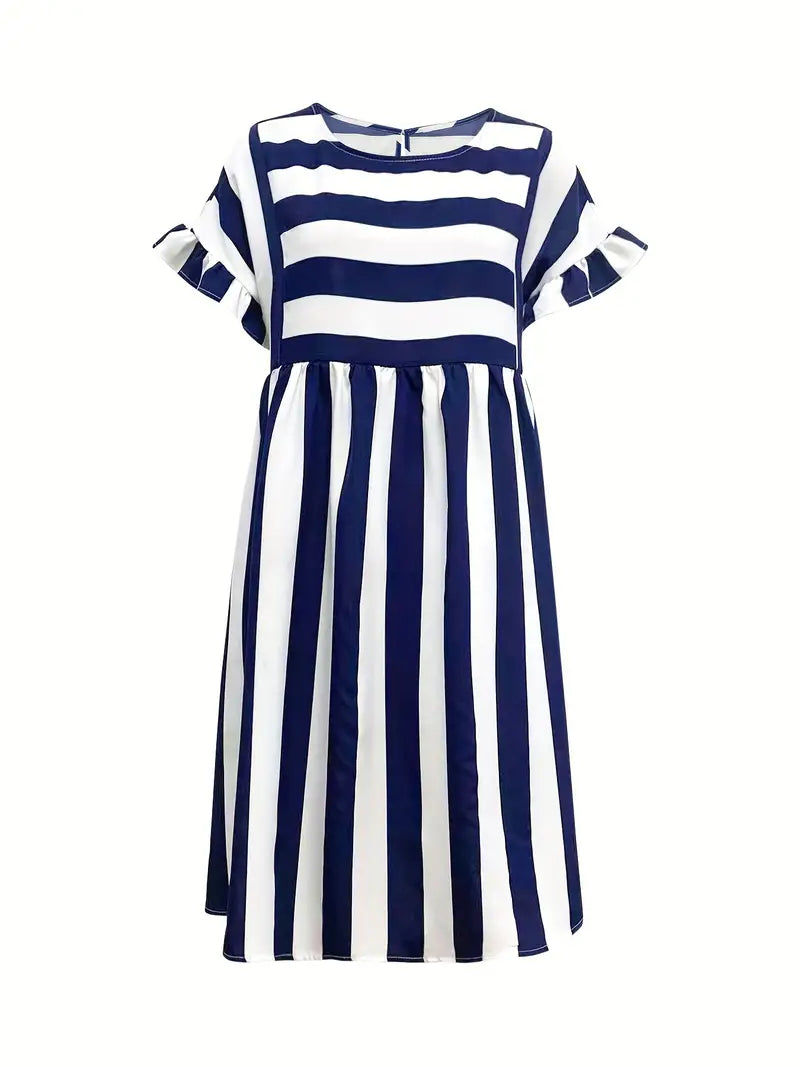 Striped Round Neck Ruffle Short Sleeve Empire Waist Smock Dress 10