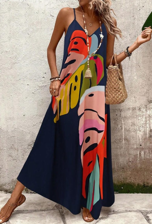 Abstract Leaf Print Spaghetti Strap V-Neck Slip Maxi Dress 3
