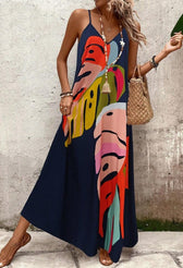 Abstract Leaf Print Spaghetti Strap V-Neck Slip Maxi Dress 3