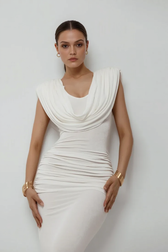 Solid Cowl Neck Ruched Waist Cinch Party Dress 8