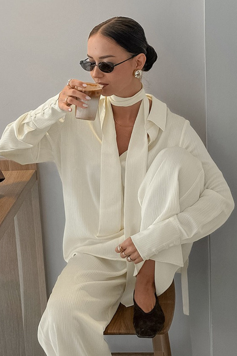 Textured Collared Tie Neck Shirt and Wide Leg Pants Two Piece Set 2
