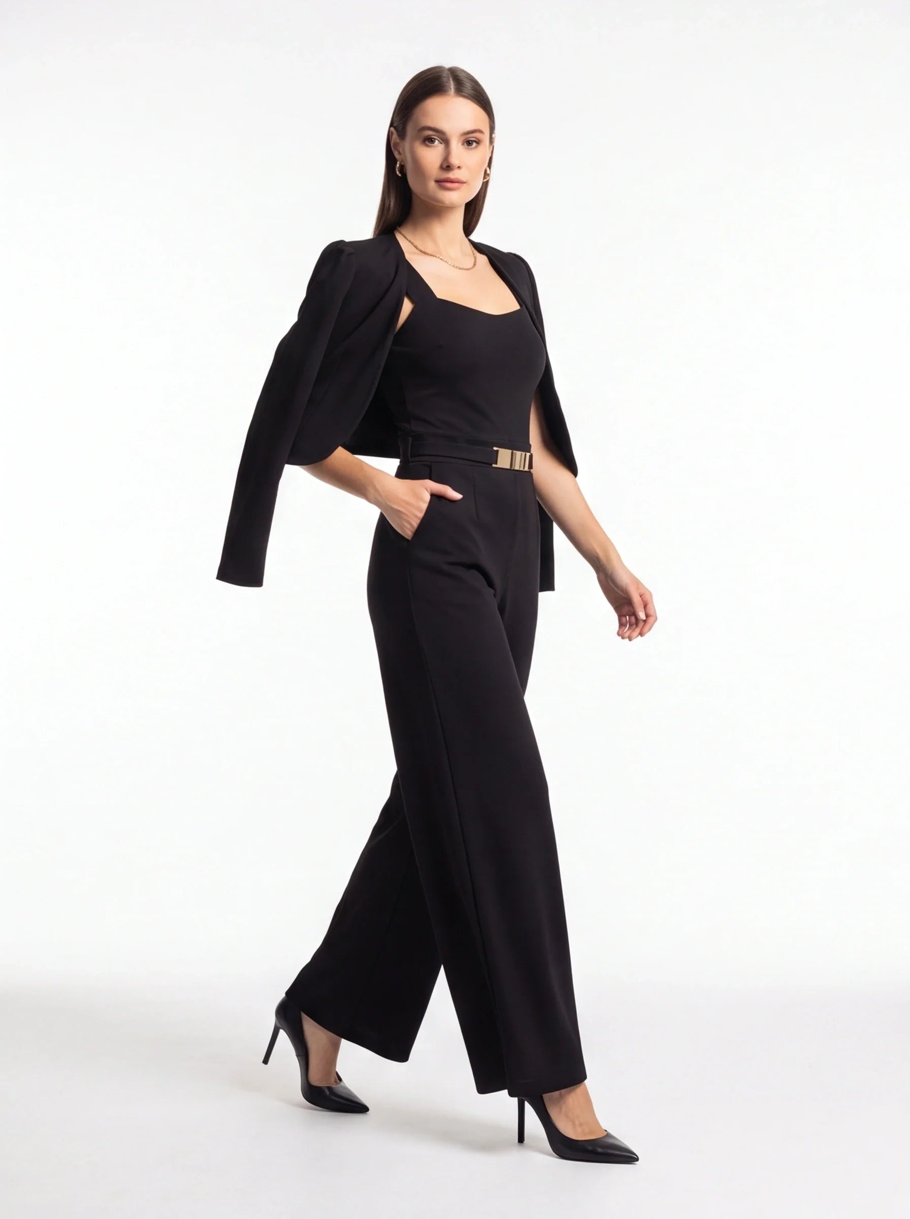 Women's Black Wide Leg Sleeveless Square Neck Jumpsuit with Pockets & Belt - Jamota