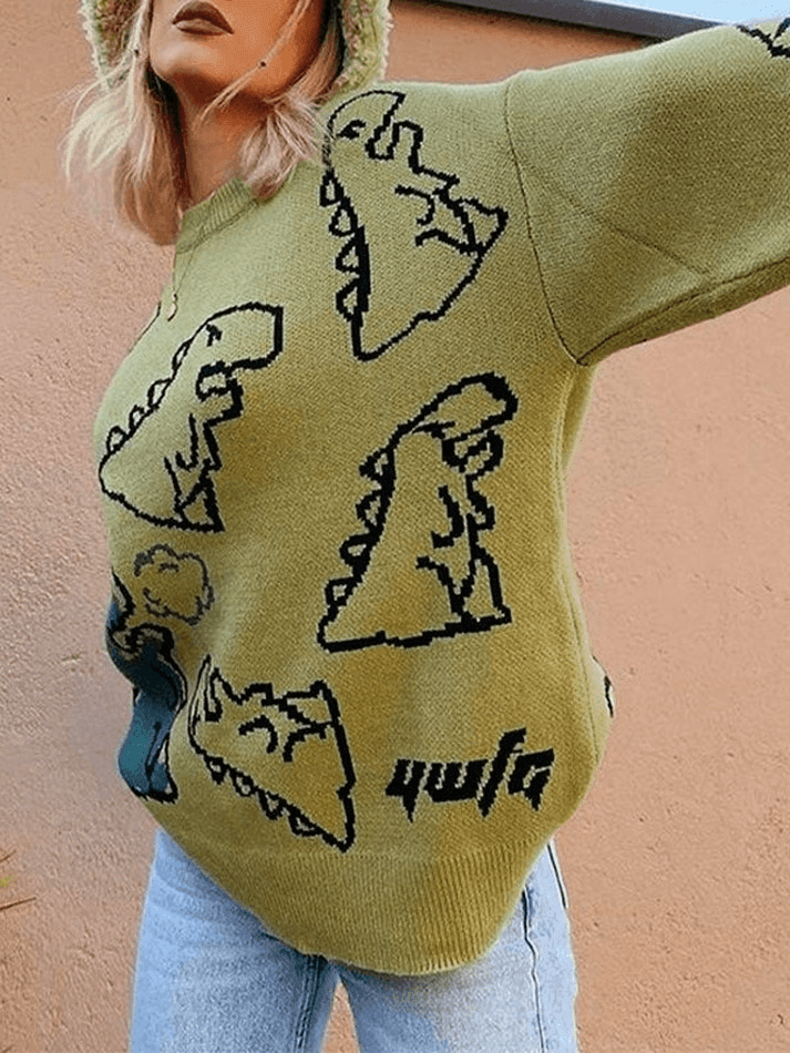 Crew Neck Long Sleeve Dinosaur Jacquard Oversized Knit Sweater