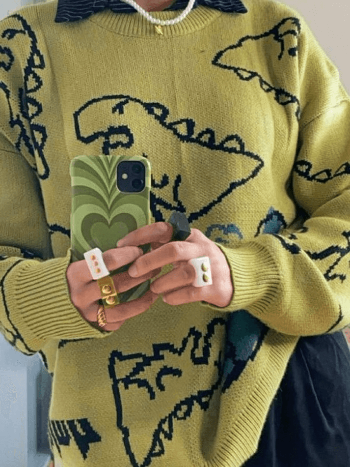 Crew Neck Long Sleeve Dinosaur Jacquard Oversized Knit Sweater 2