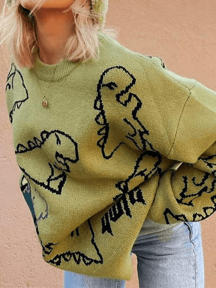 Crew Neck Long Sleeve Dinosaur Jacquard Oversized Knit Sweater 3