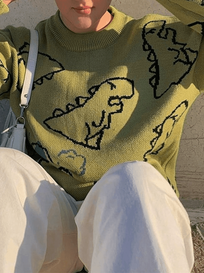 Crew Neck Long Sleeve Dinosaur Jacquard Oversized Knit Sweater 4