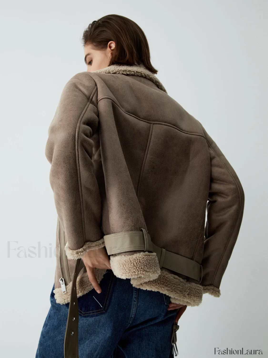 Distressed Leather Graceful Fleece Aviator Jacket