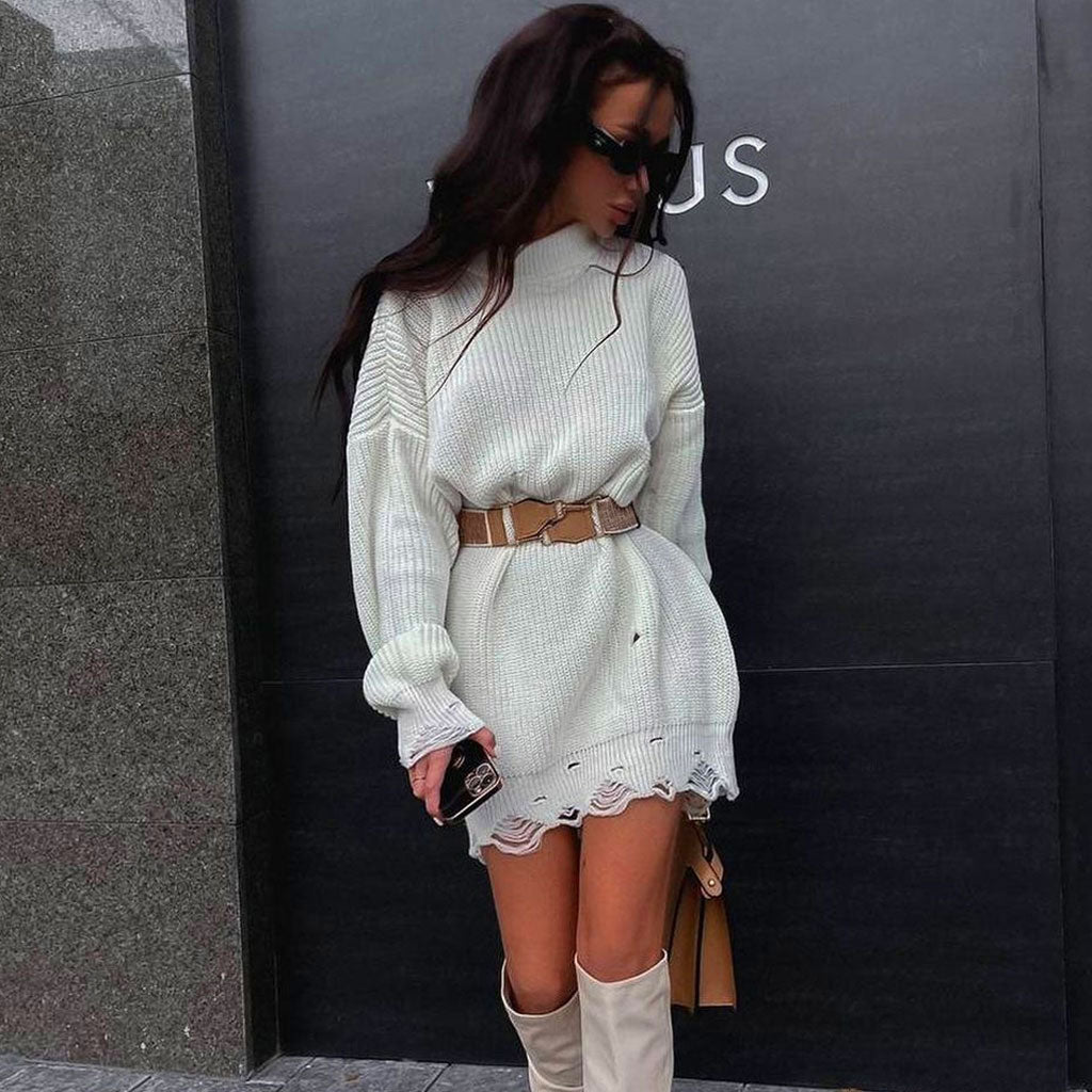 Mock Neck Long Sleeve Distressed Hem Oversized Knit Sweater Mini Dress