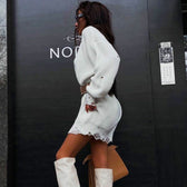 Distressed Trim Pullover Sweater Modern Mini Dress - Rose M / White Dresses