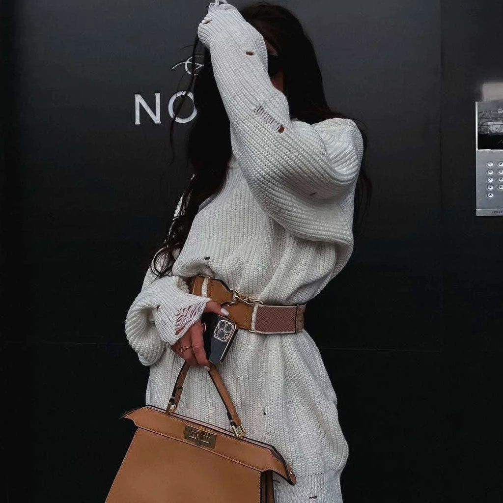 Mock Neck Long Sleeve Distressed Hem Oversized Knit Sweater Mini Dress 3