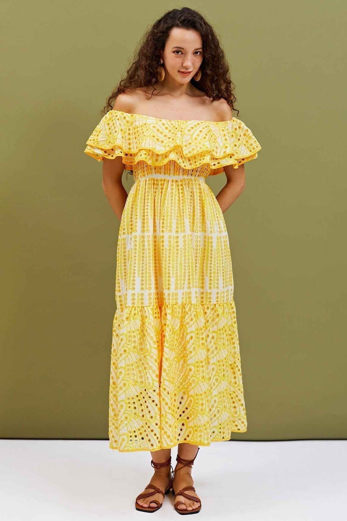 Eyelet Embroidered Off Shoulder Ruffle Tiered A-Line Midi Dress