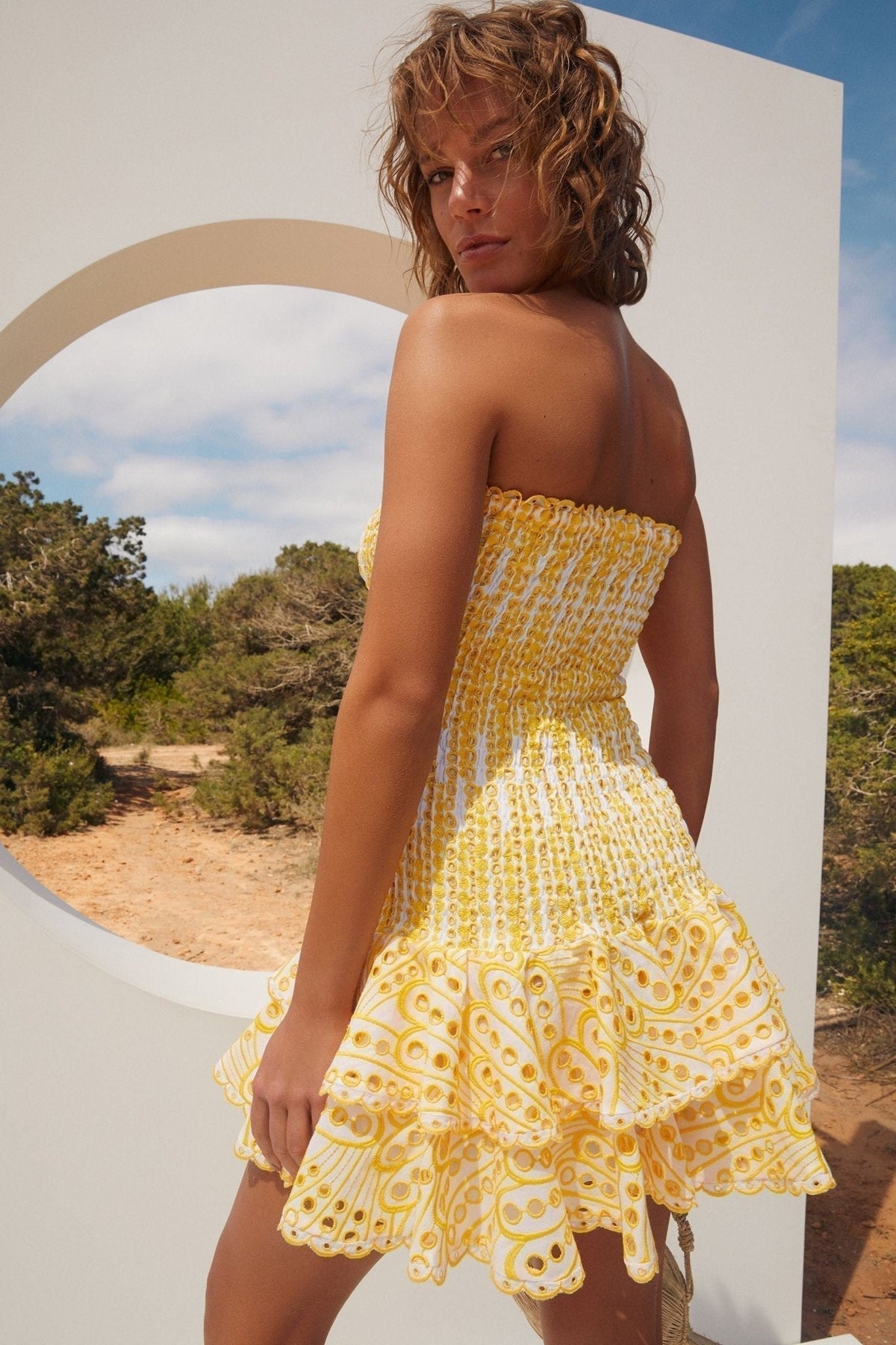 Strapless Smocked Eyelet Embroidered Tiered Ruffle Mini Dress