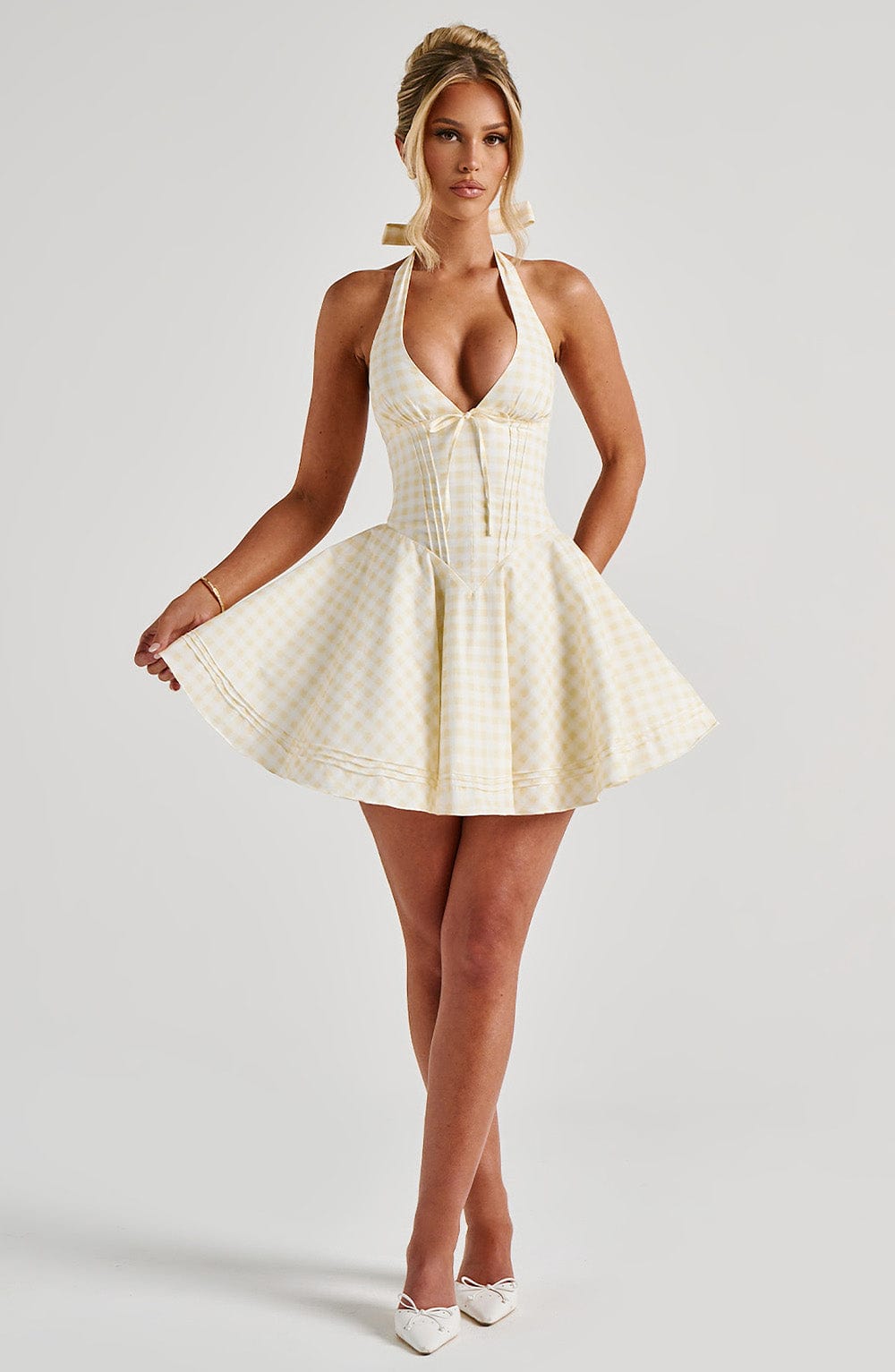 Gingham Halter Plunge Bow Corset Bodice Flared Mini Dress 6