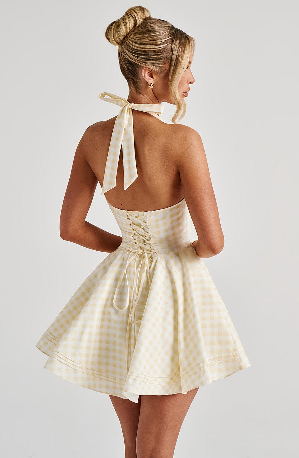 Gingham Halter Plunge Bow Corset Bodice Flared Mini Dress 2