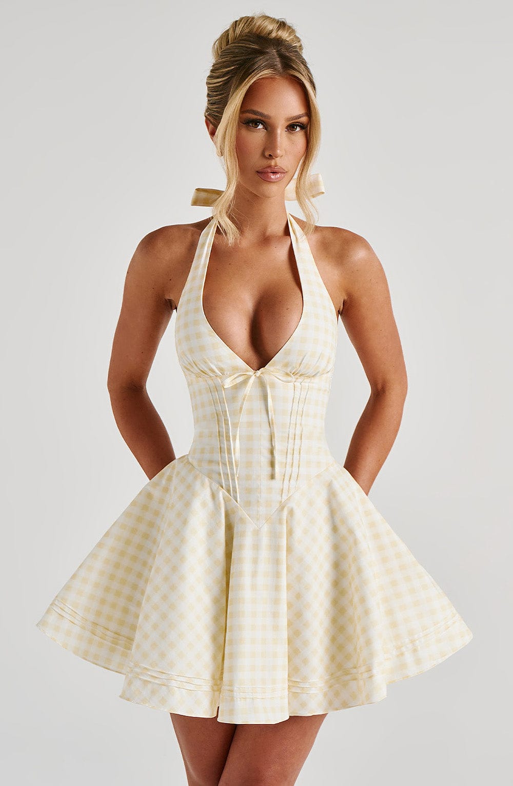 Gingham Halter Plunge Bow Corset Bodice Flared Mini Dress