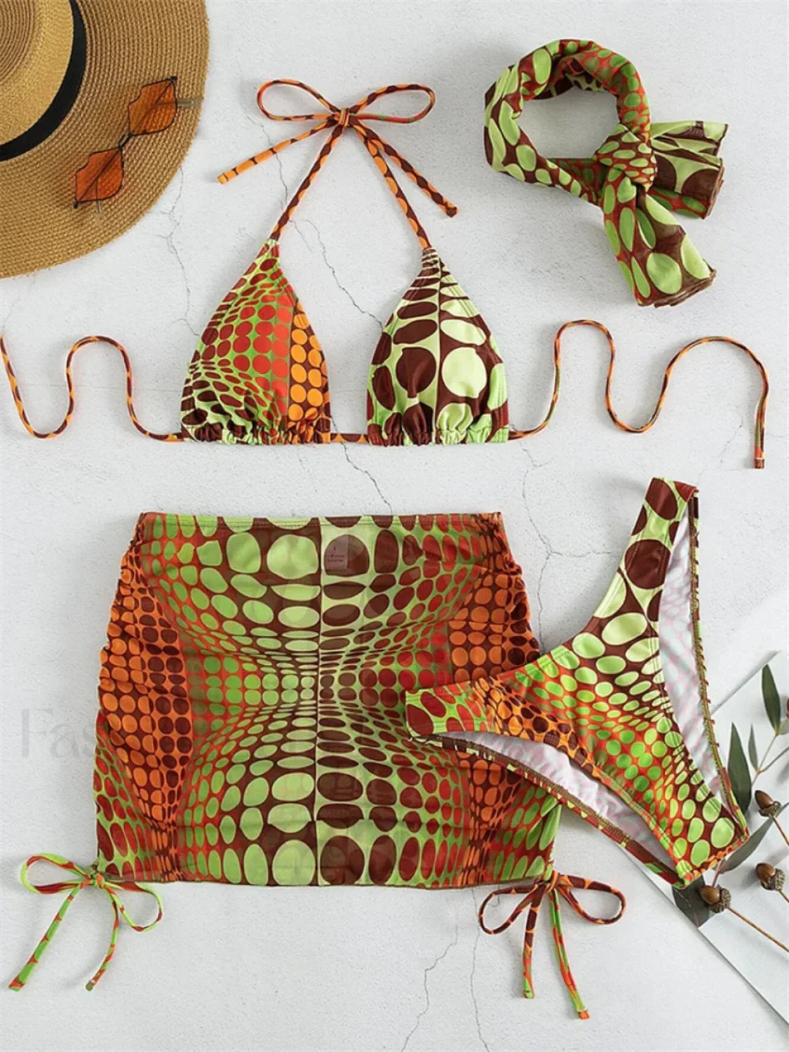 Dot Print Halter Triangle Three Piece Set