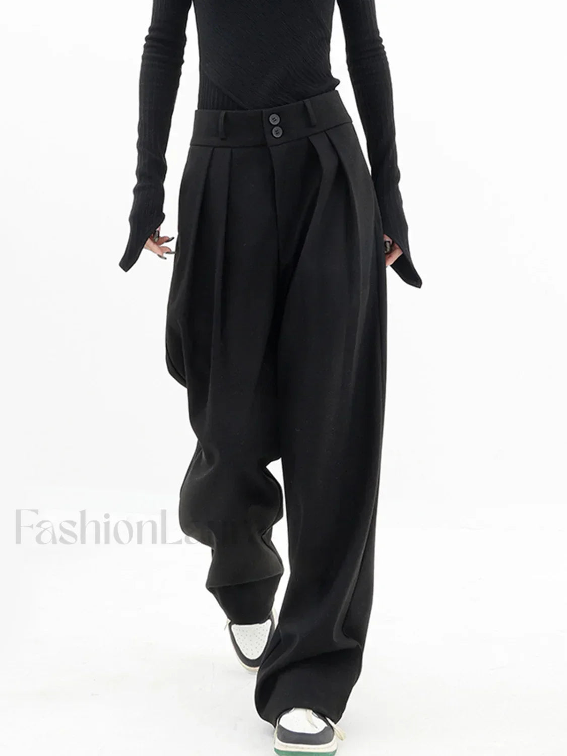 Double Buttons Wide Trendy Leg Dress Pants Black / XS Pants