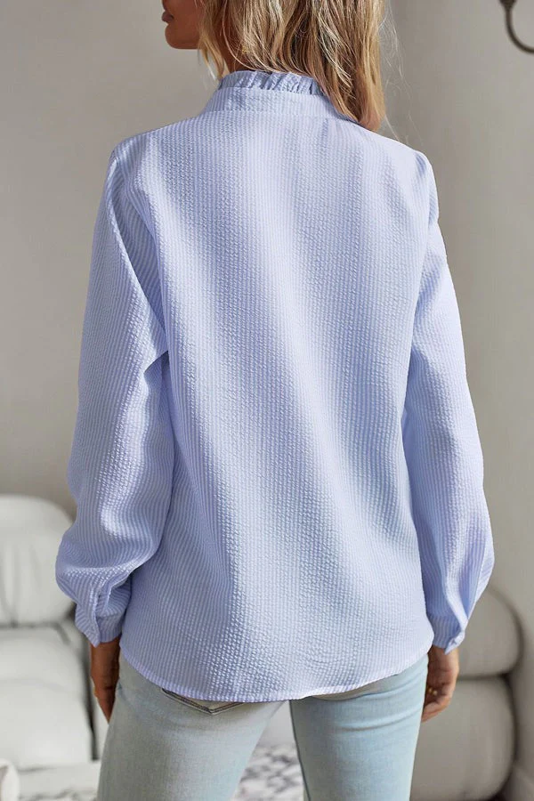 Ruffle Trim Stand Neck Long Sleeve Textured Blouse