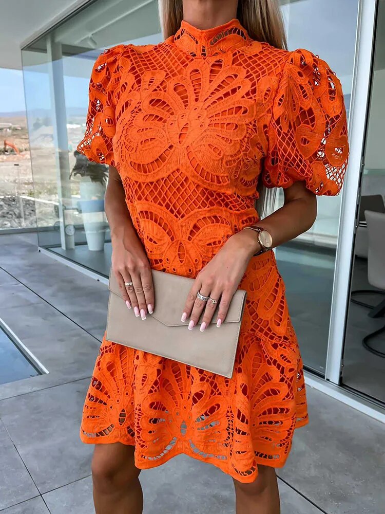 Crochet Lace Mock Neck Short Puff Sleeve Ruffle Hem Mini Dress 3