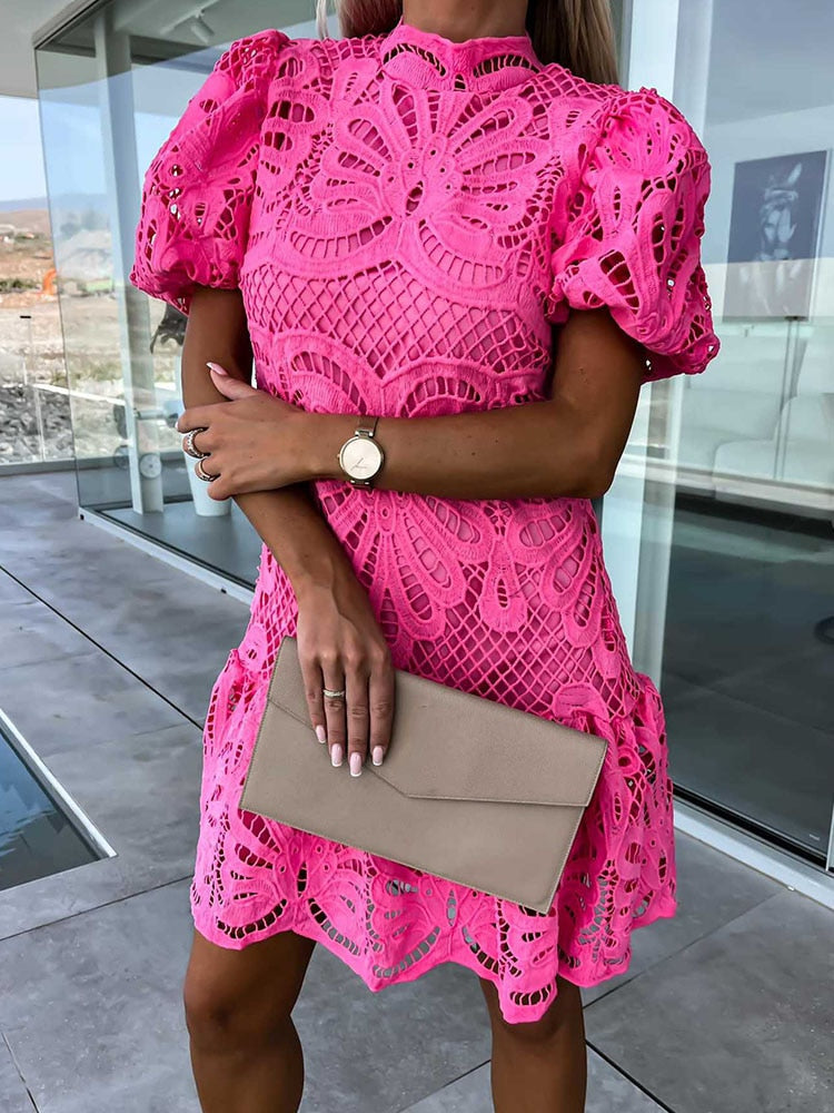 Crochet Lace Mock Neck Short Puff Sleeve Ruffle Hem Mini Dress 4