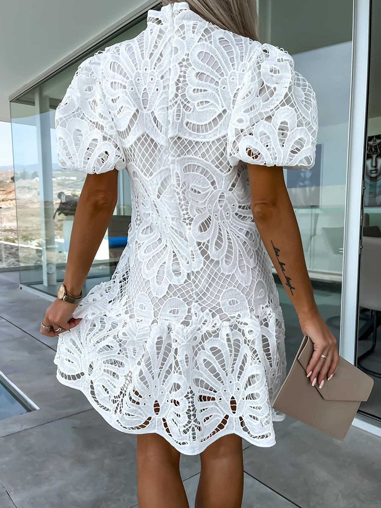 Crochet Lace Mock Neck Short Puff Sleeve Ruffle Hem Mini Dress