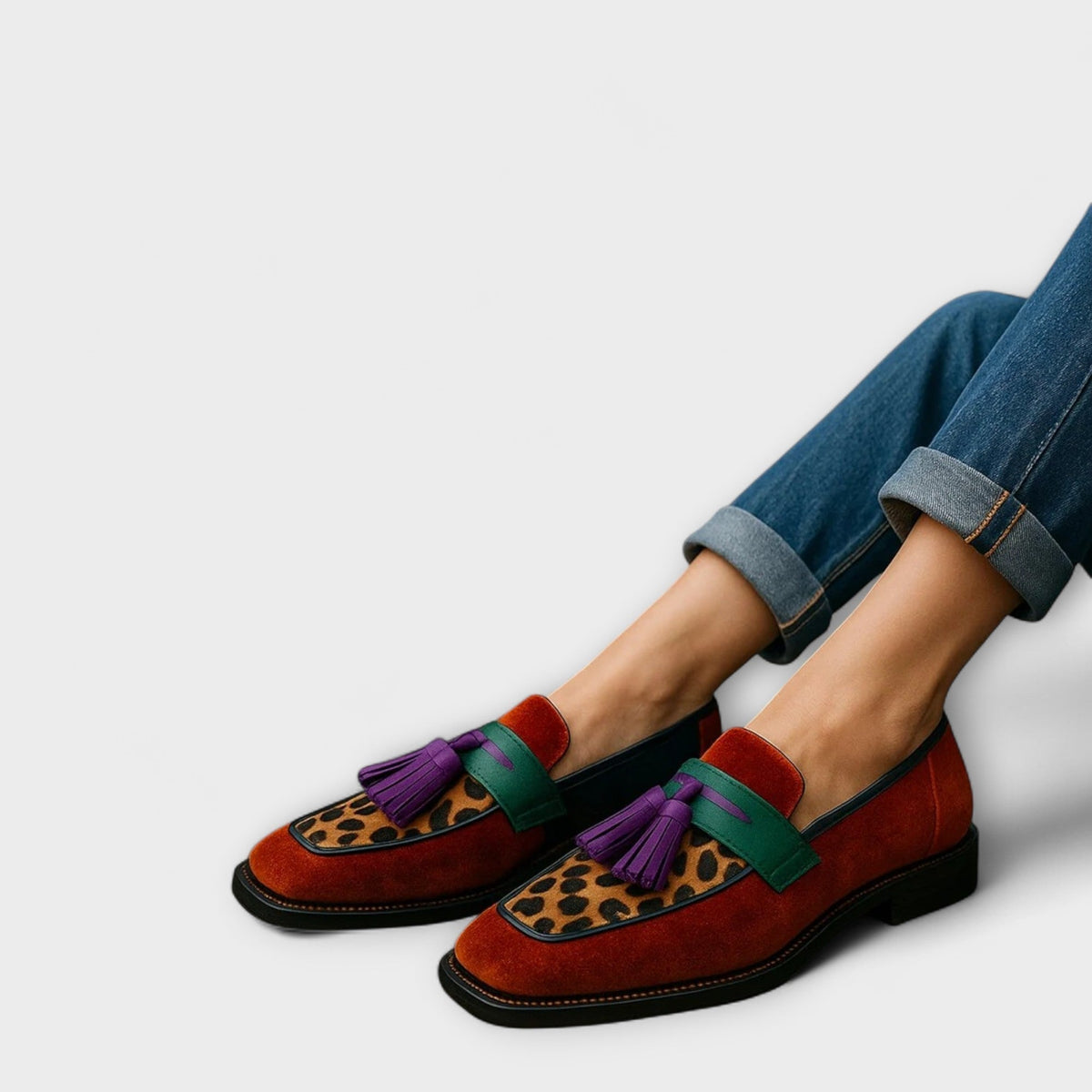 Leopard Panel Tassel Square Toe Suede Look Loafers