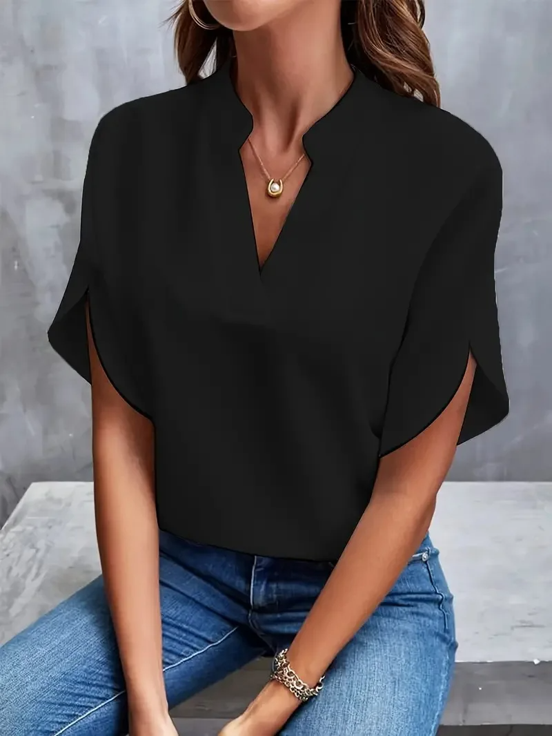 Notch Neck Short Sleeve Blouse