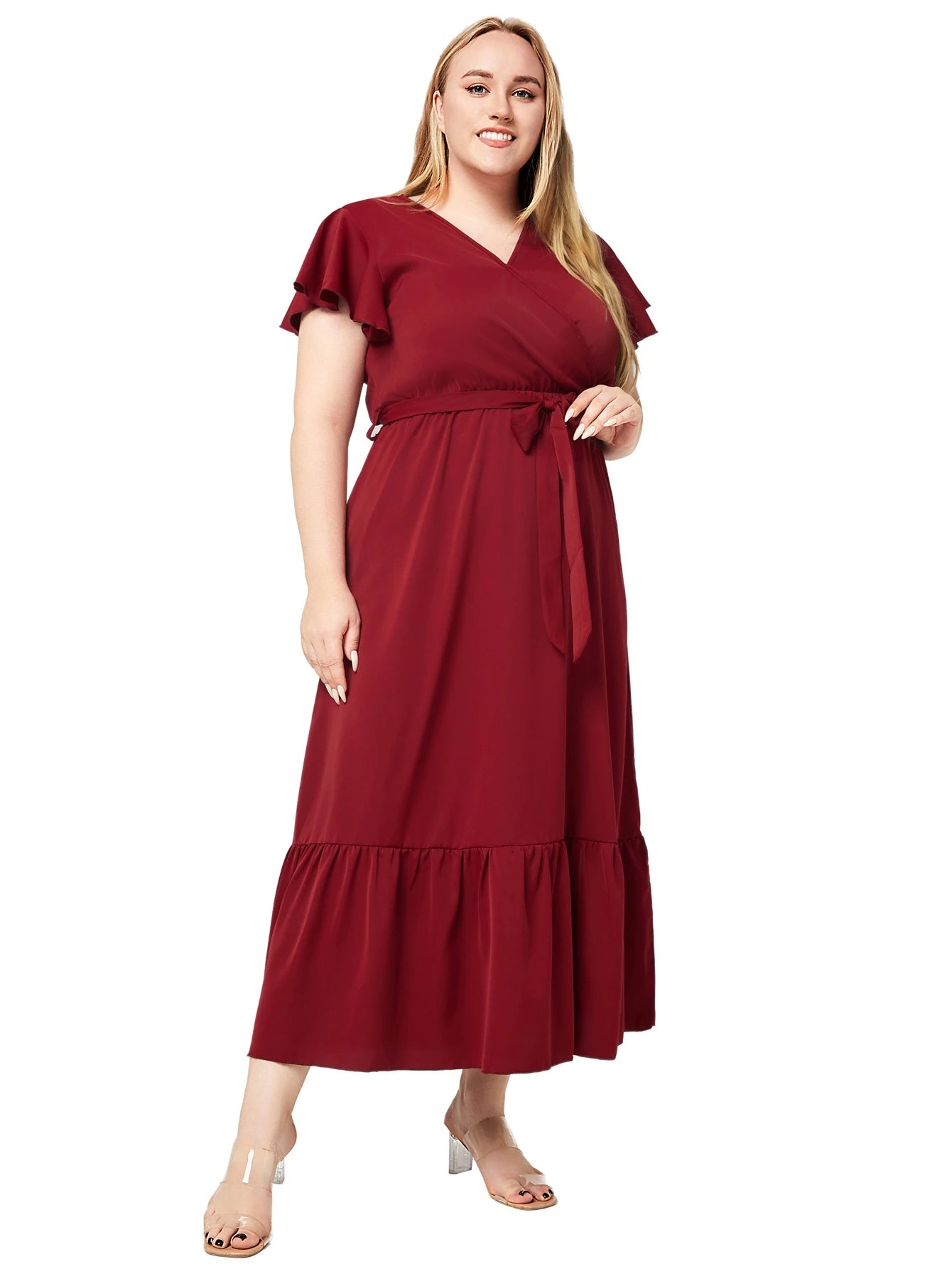 V-Neck Wrap Flutter Sleeve Belted Tie Waist Ruffle Hem Maxi Dress