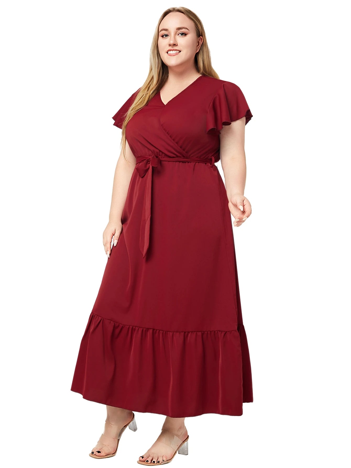 V-Neck Wrap Flutter Sleeve Belted Tie Waist Ruffle Hem Maxi Dress