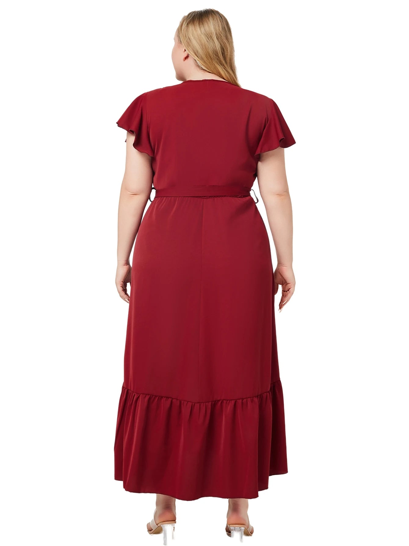 V-Neck Wrap Flutter Sleeve Belted Tie Waist Ruffle Hem Maxi Dress