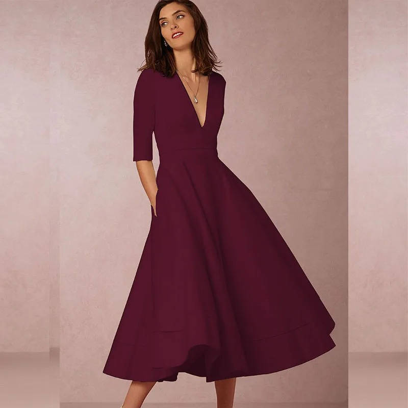 Deep V-Neck Half Sleeve Fit and Flare Midi Dress 5