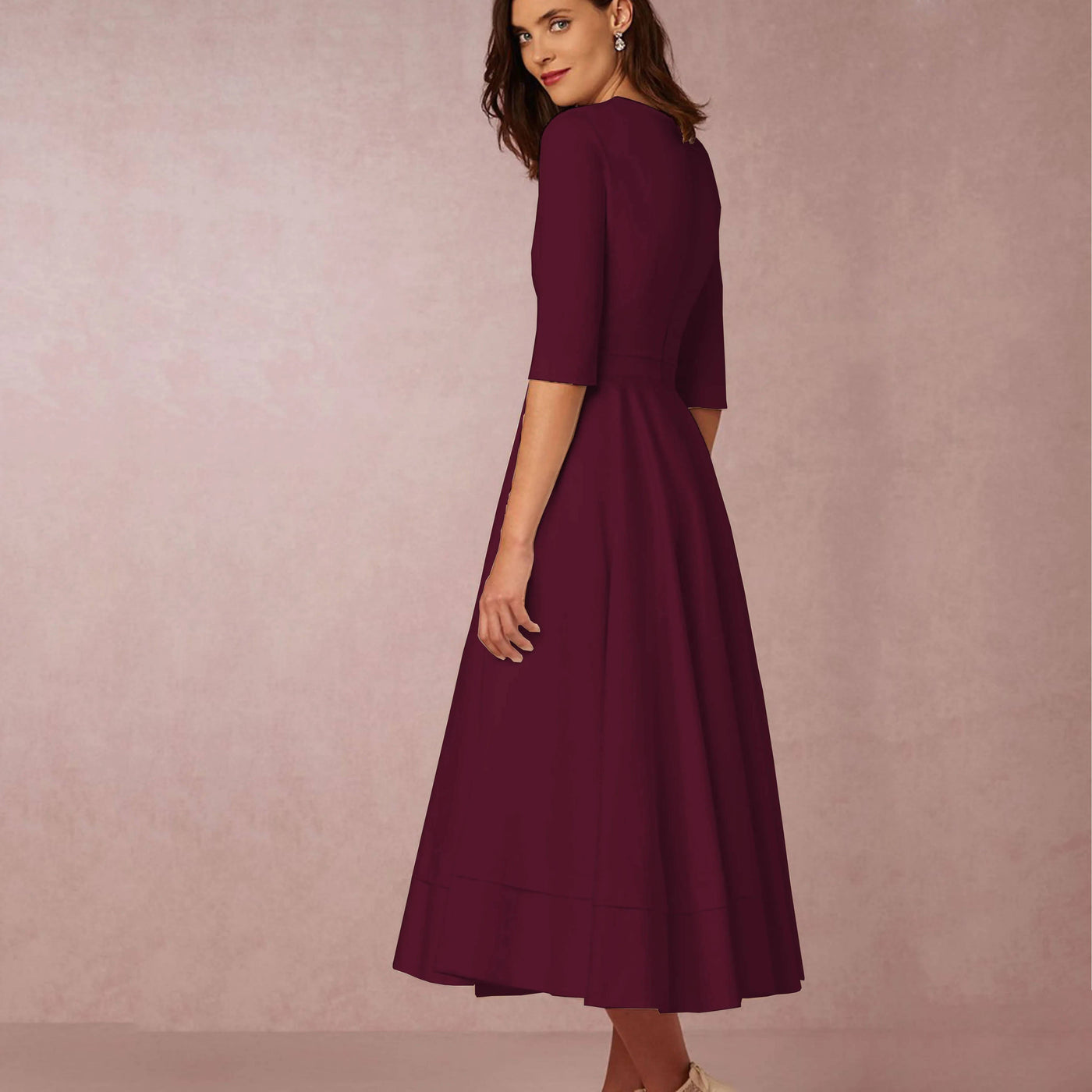 Deep V-Neck Half Sleeve Fit and Flare Midi Dress 6