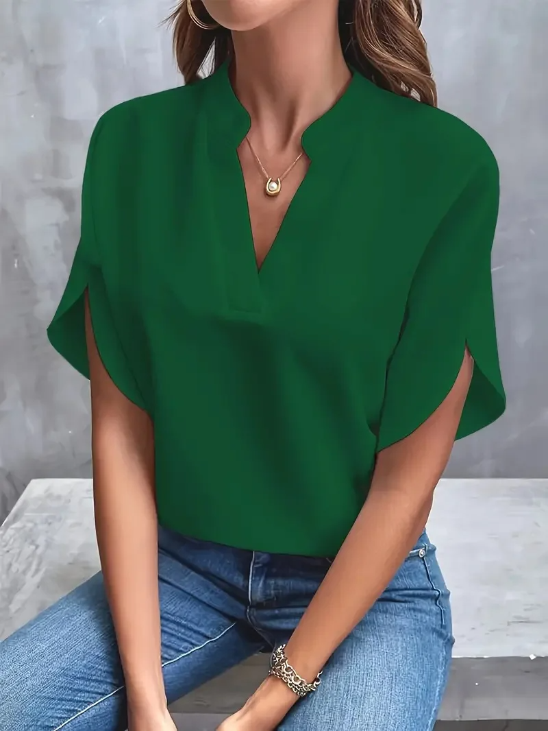 Notch Neck Short Sleeve Blouse