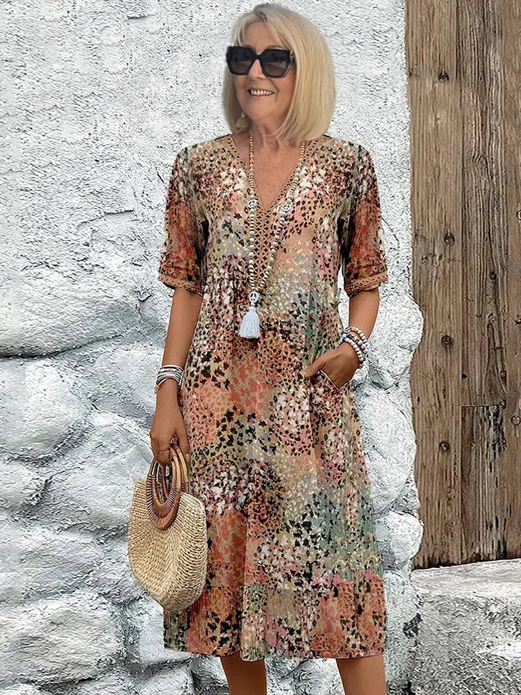 Leopard Print V-Neck Short Sleeve Tiered Pocket Midi Dress