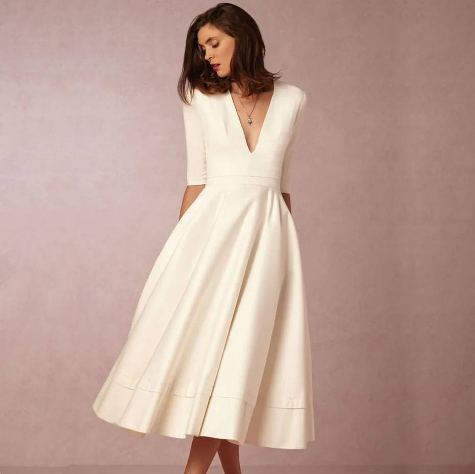 Deep V-Neck Half Sleeve Fit and Flare Midi Dress 2