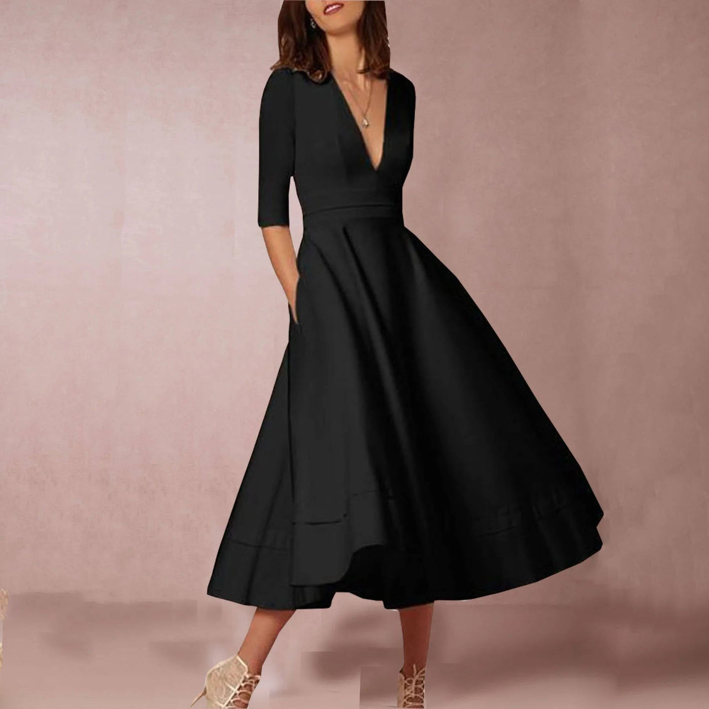 Deep V-Neck Half Sleeve Fit and Flare Midi Dress 9