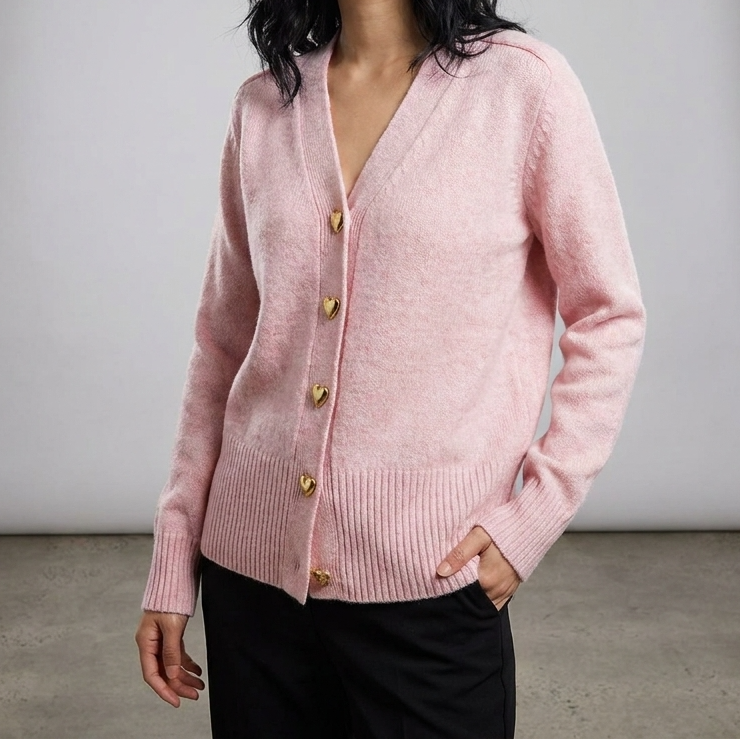 V-Neck Heart Button Front Knit Cardigan