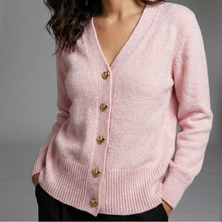 V-Neck Heart Button Front Knit Cardigan