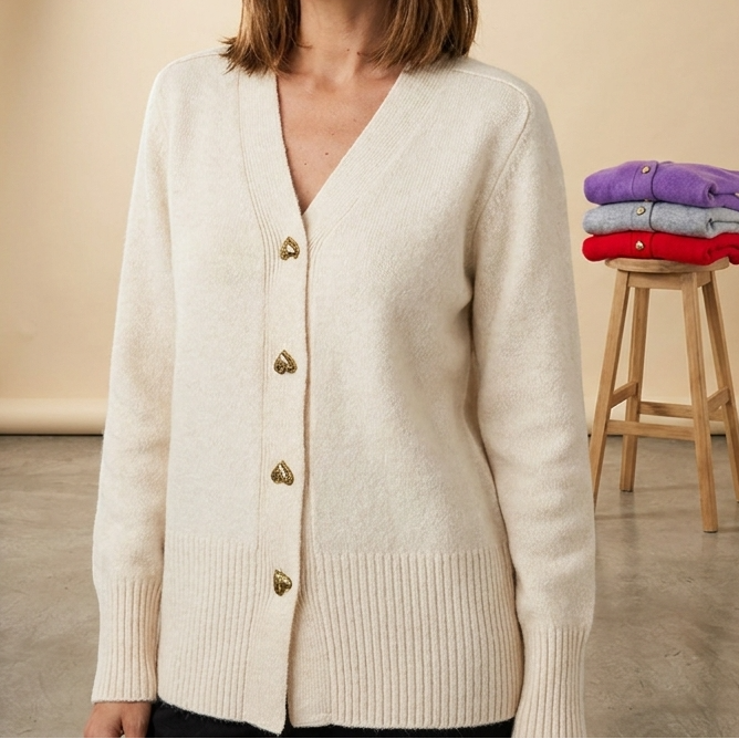 V-Neck Heart Button Front Knit Cardigan