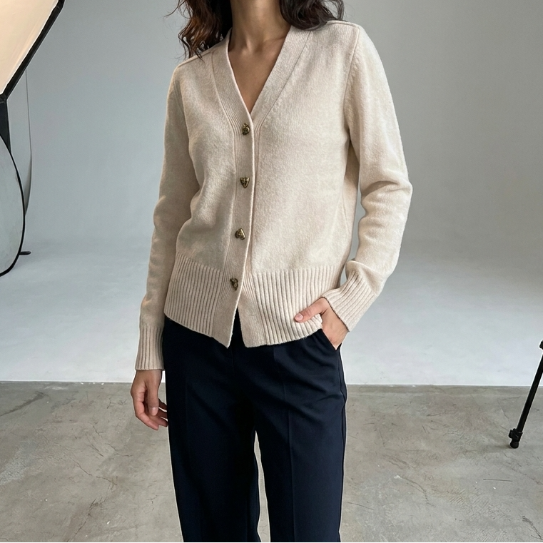 V-Neck Heart Button Front Knit Cardigan
