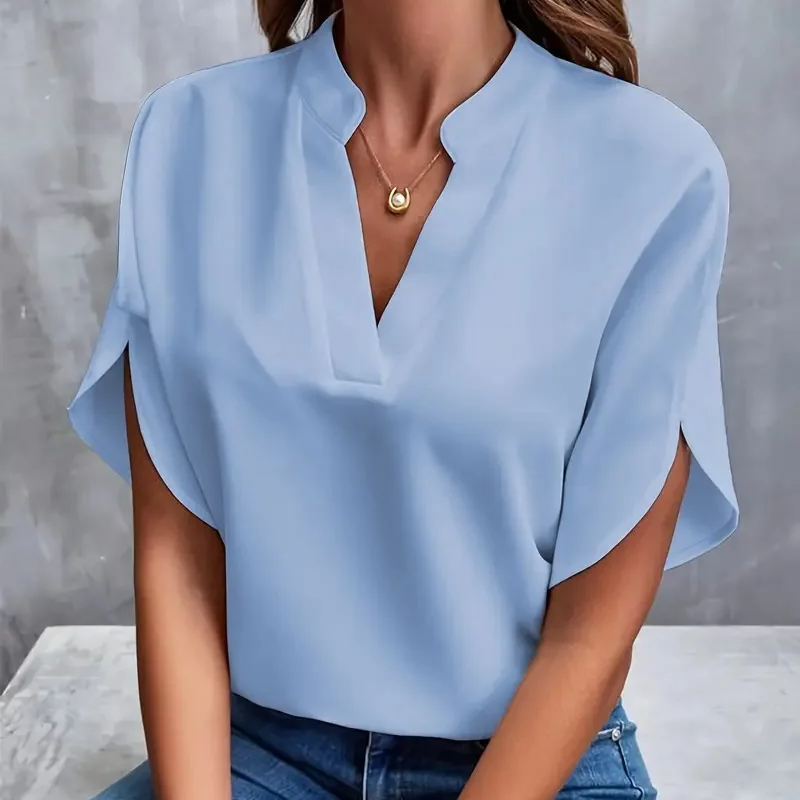 Notch Neck Short Sleeve Blouse