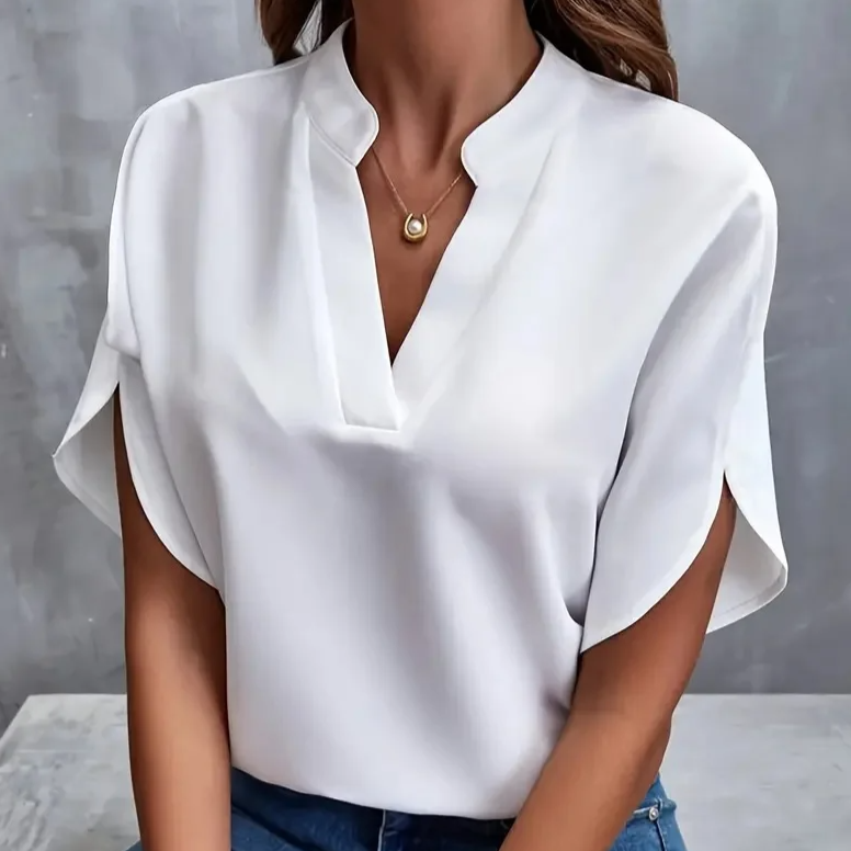 Notch Neck Short Sleeve Blouse