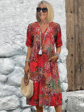 Floral V-Neck Short Sleeve Tiered Midi Dress