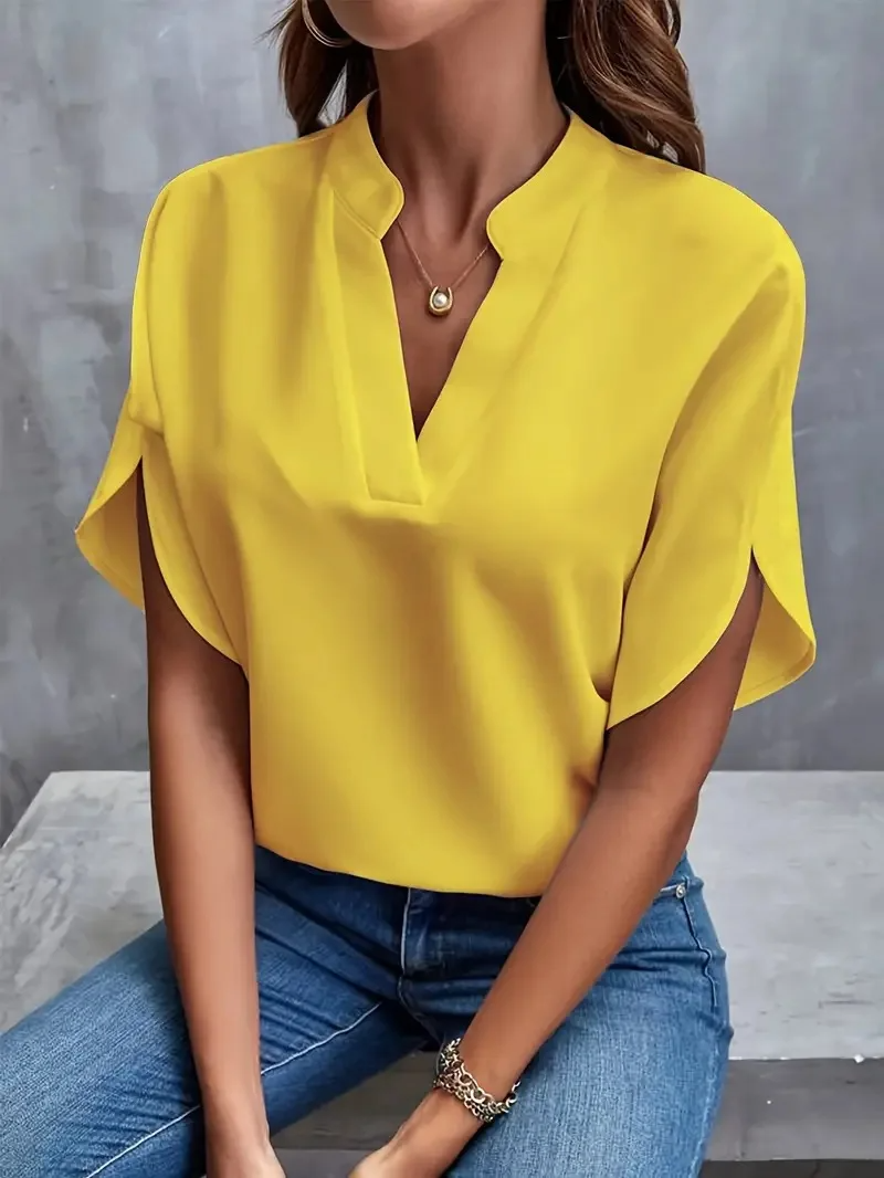 Notch Neck Short Sleeve Blouse